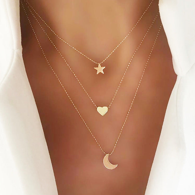 Bohemian Multi Layered Necklace for Women Vintage Portrait Coin Star Moon Pendant Necklace Geometric Collier Collares