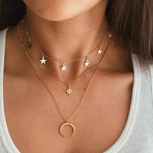 Bohemian Multi Layered Necklace for Women Vintage Portrait Coin Star Moon Pendant Necklace Geometric Collier Collares