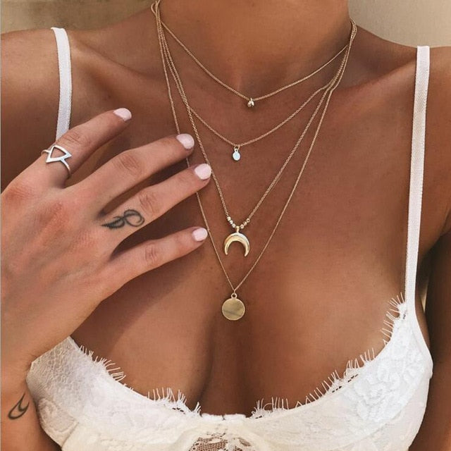 Bohemian Multi Layered Necklace for Women Vintage Portrait Coin Star Moon Pendant Necklace Geometric Collier Collares