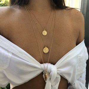 Bohemian Multi Layered Necklace for Women Vintage Portrait Coin Star Moon Pendant Necklace Geometric Collier Collares