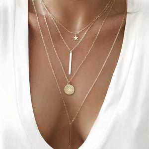 Bohemian Multi Layered Necklace for Women Vintage Portrait Coin Star Moon Pendant Necklace Geometric Collier Collares