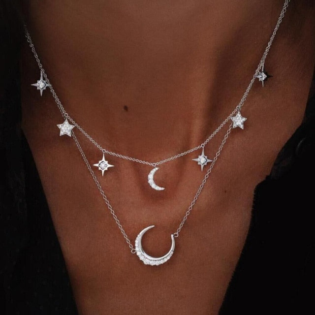Bohemian Multi Layered Necklace for Women Vintage Portrait Coin Star Moon Pendant Necklace Geometric Collier Collares