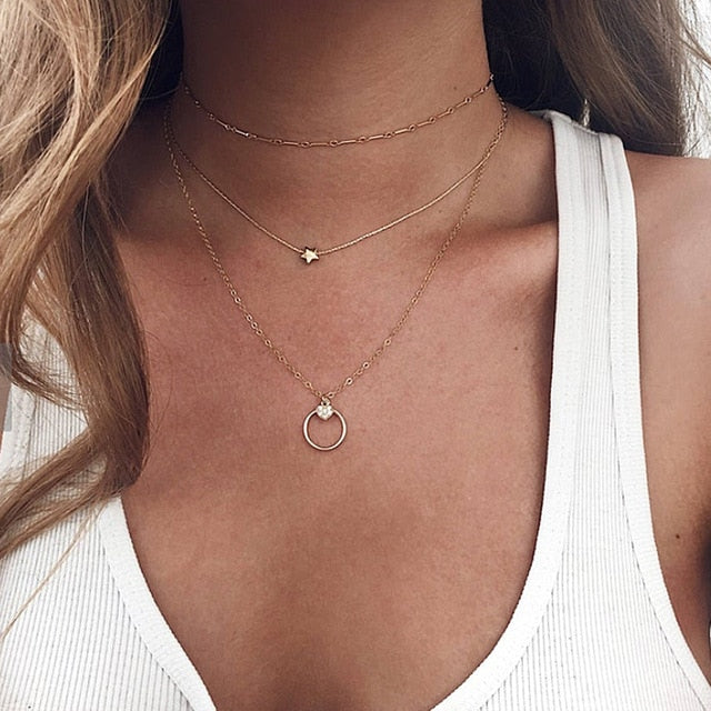 Bohemian Multi Layered Necklace for Women Vintage Portrait Coin Star Moon Pendant Necklace Geometric Collier Collares