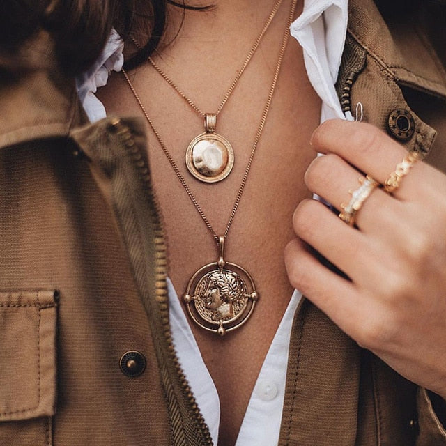 Bohemian Multi Layered Necklace for Women Vintage Portrait Coin Star Moon Pendant Necklace Geometric Collier Collares