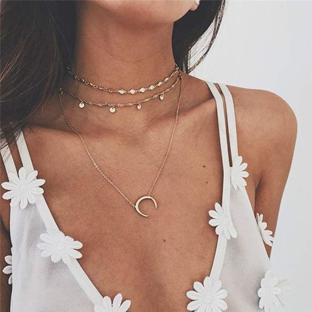 Bohemian Multi Layered Necklace for Women Vintage Portrait Coin Star Moon Pendant Necklace Geometric Collier Collares